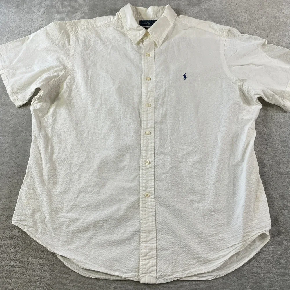 Ralph Lauren Seersucker Shirt Mens XXL White Button Classic Fit Summer Beach